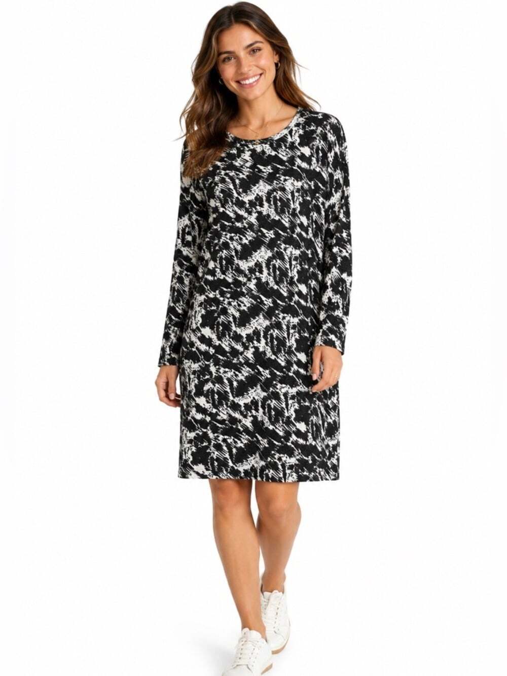 Soya Concept Biara Dress Women’s Size M Black Beige Print Long Sleeve Soft Boho